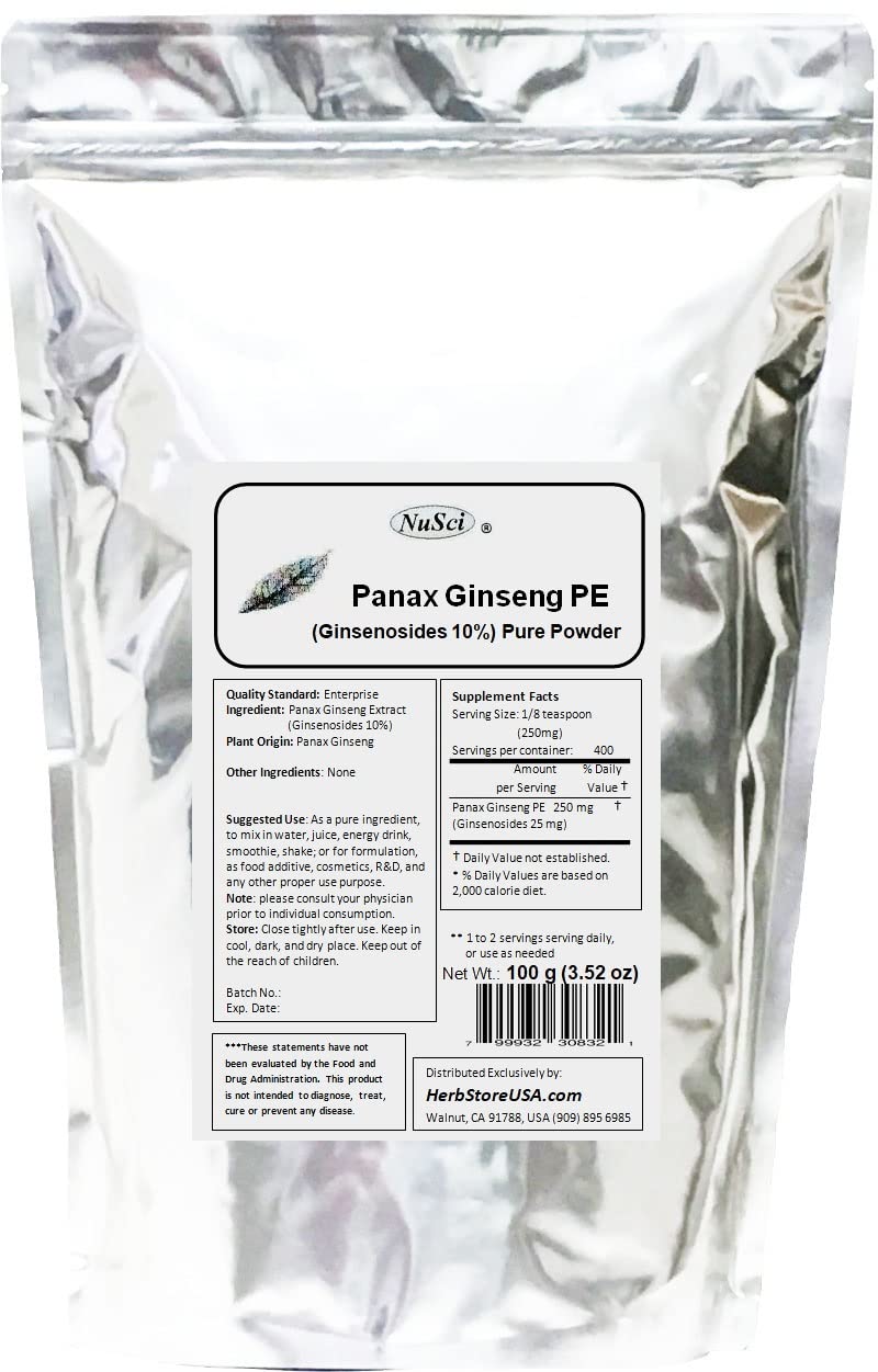 NuSci Panax Ginseng Extract Powder, Standardized 10% Ginsenosides, Energy & Vitality, 3.5274 oz