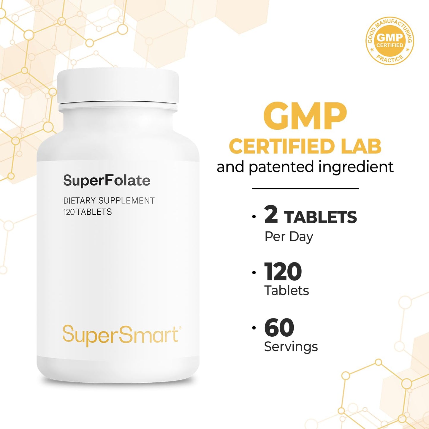 Supersmart SuperFolate 5-MTHF Active Folate Vitamin B9, Quatrefolic, 400mcg, 120 Tablets