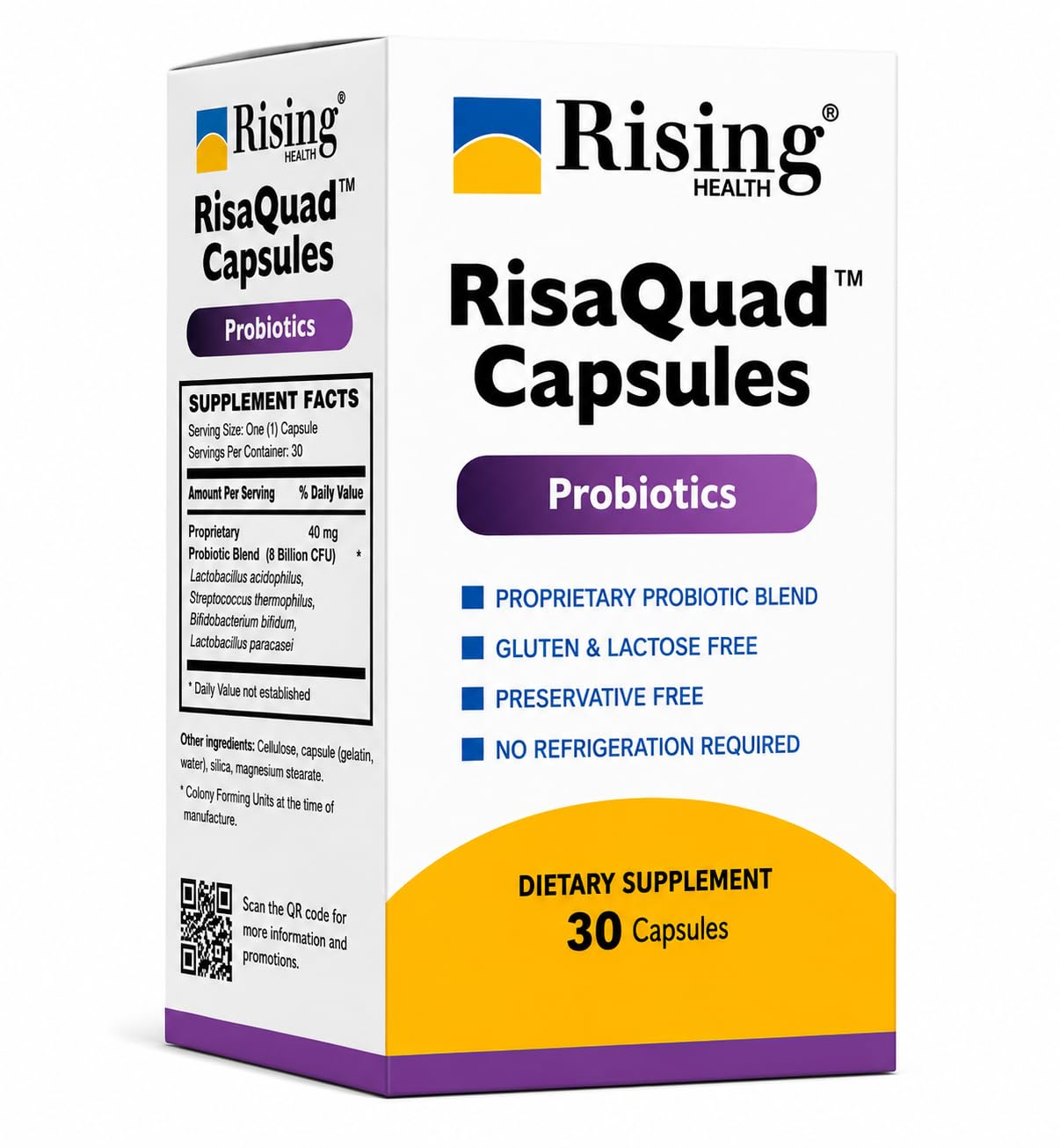 Rising RisaQuad Probiotic 40 mg (8 Billion CFU+), Proprietary Probiotic Blend for Daily Digestive & Gut Flora Support, 30 Capsules