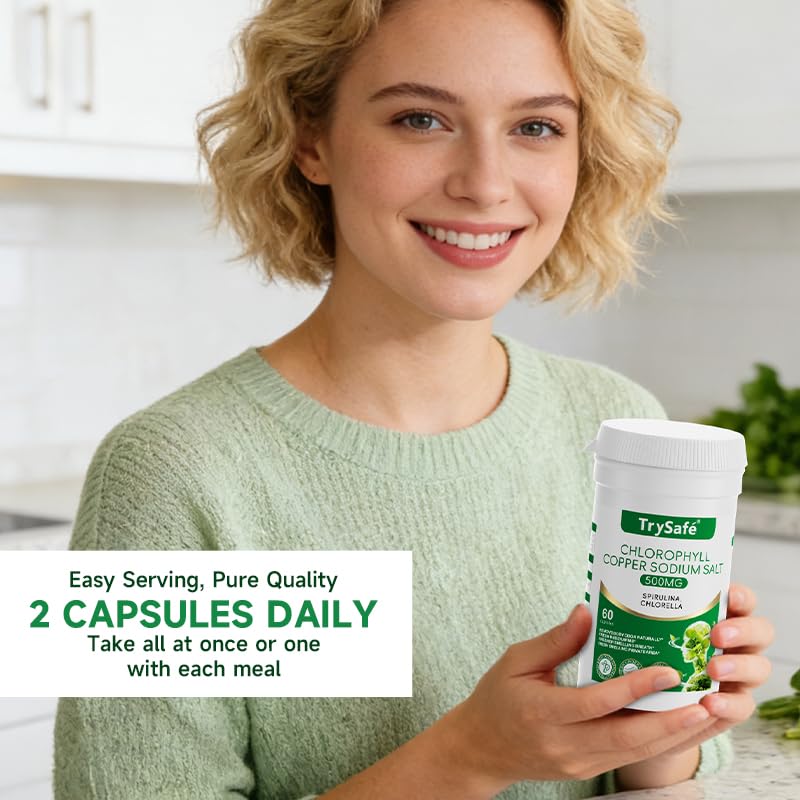 TrySafe Natural Chlorophyll Capsules with Copper Sodium Salt, Spirulina & Chlorella, Detox & Digestion Support, 60 Capsules