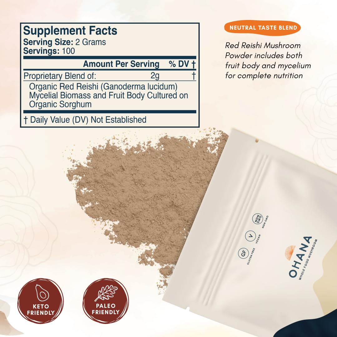 Ohana Mushrooms Red Reishi Organic Mushrooms Powder Blend Whole Food Mushroom Supplement, Powder, 7.05 oz