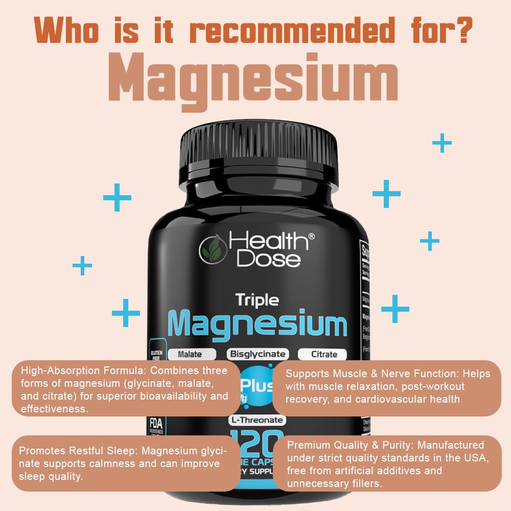 Health Dose Triple Magnesium Complex 1000 mg L-Threonate, Bisglycinate, Citrate & Malate Blend Capsules, 120 Count