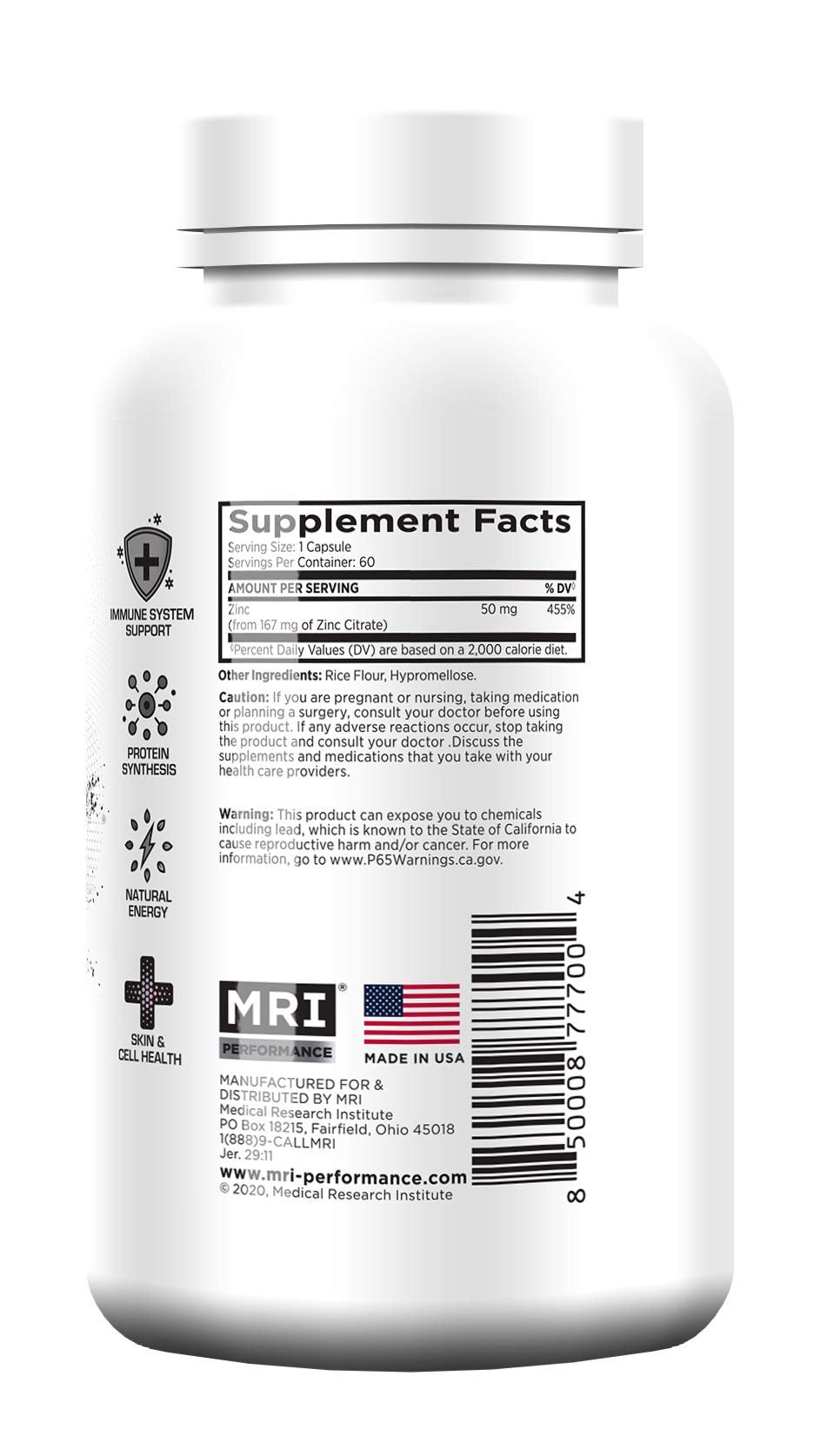 MRI Zinc 50mg Vegan Capsule, 60 Count