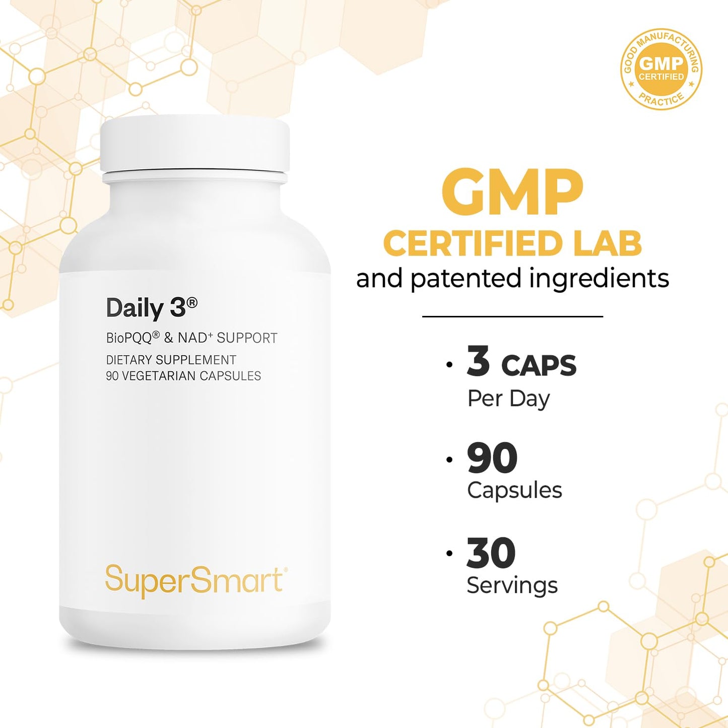 Supersmart Daily3 + Bio PQQ (All-in-One Formula) Multivitamin Capsules 90 Count