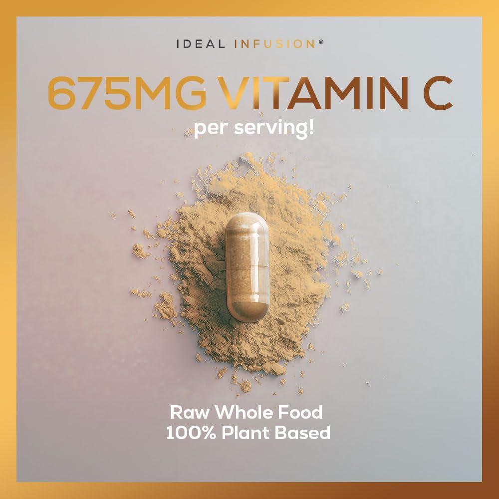 Ideal Infusion Whole Food Vitamin C Supplement 675mg Plant-Based Vitamin C Complex from Organic Oranges, Acerola Cherry & Natural Fruit Cofactors – Immune & Antioxidant Support – Vegan, Non-GMO – 120 Capsules