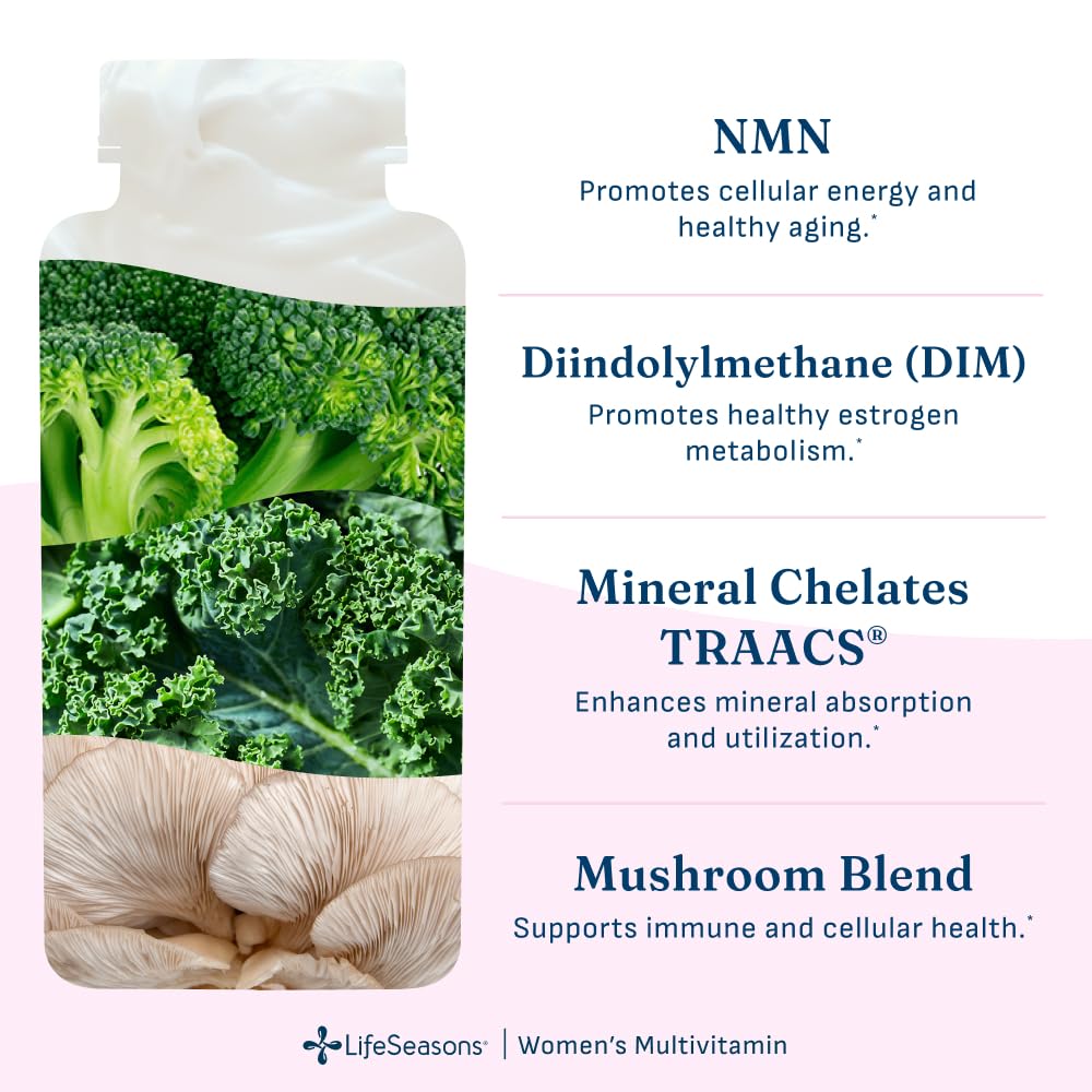 LifeSeasons Women's Multivitamin – High Potency with 21 Vitamins & Minerals, PureWay-C®, NAD+, Active B-Vitamins, TRAACS® Chelates, enXtra® for Energy, Probiotics & Mushrooms, 120 Veg Capsules
