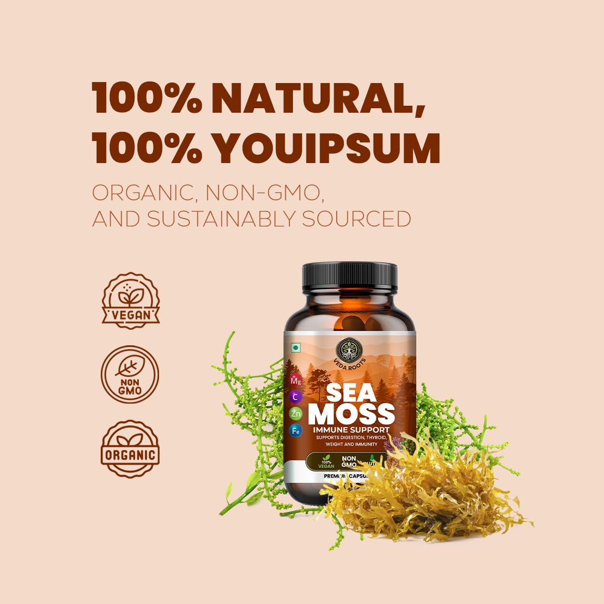 VEDA ROOTS Sea Moss Capsules with Burdock Root, Bladderwrack & Muira Puama, 60 Capsules