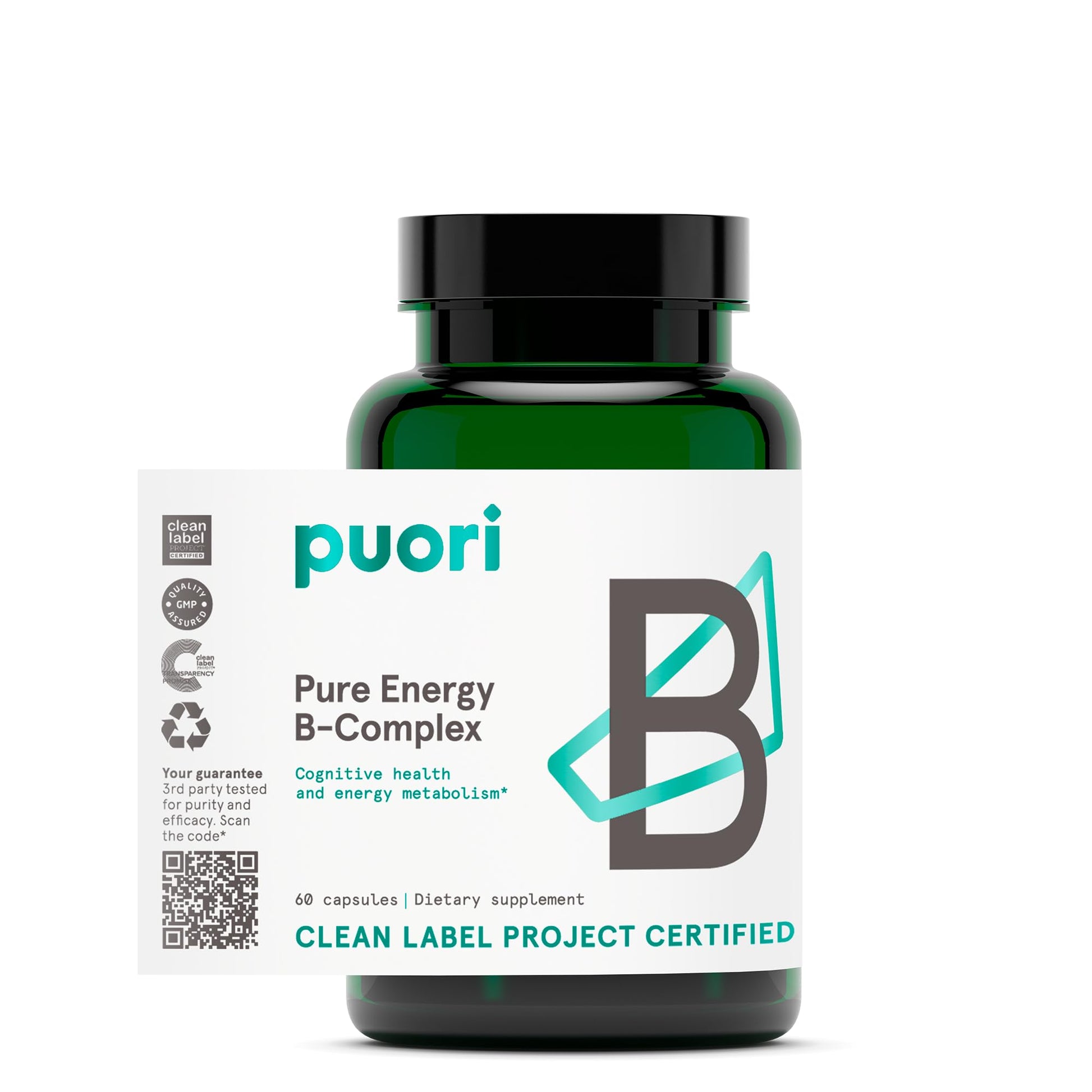 Puori Pure Energy Vitamin B-Complex with 8 Essential Vitamins - Active & Methylated B Vitamins, Capsules, 60 Count