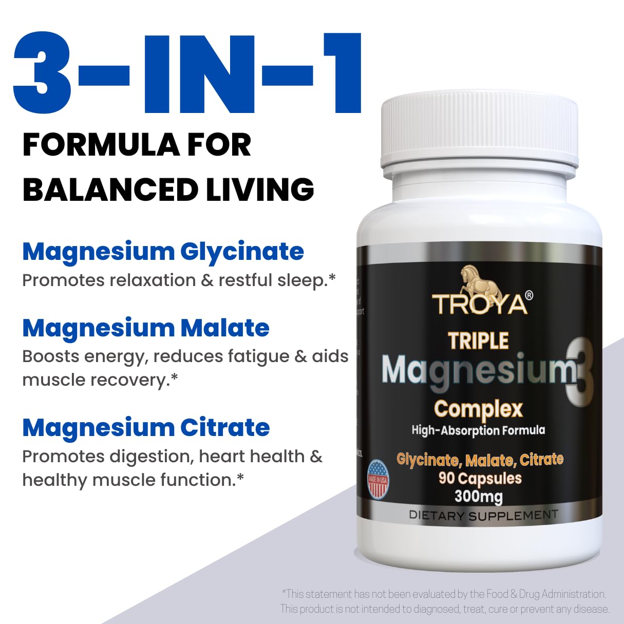 TROYA Triple-Complex Magnesium Capsule 300mg with Glycinate, Citrate & Malate – 90 Capsules
