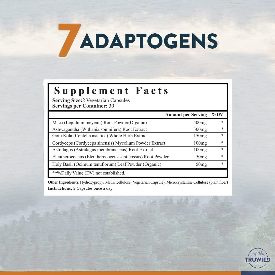 TruWild Adaptogens Vegan Capsule Supplement with Ashwagandha and Maca with Full Spectrum Mushrooms, 180 Capsules