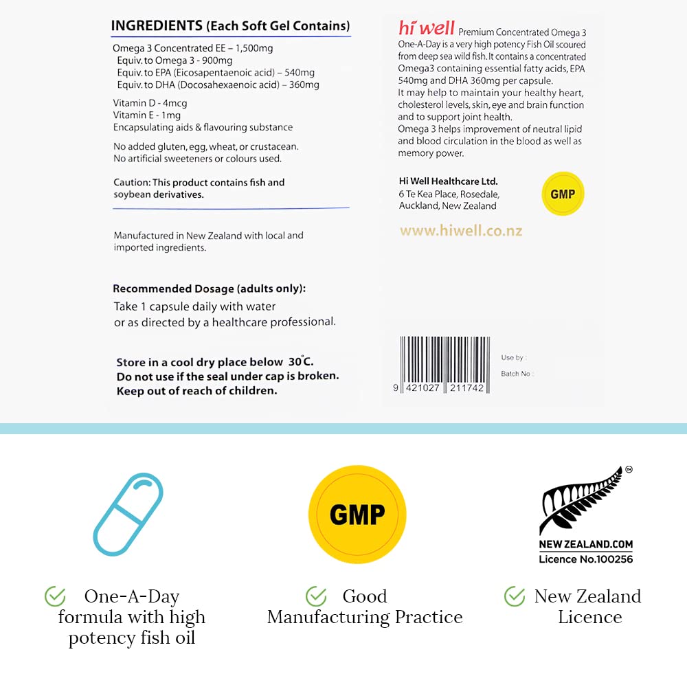 HI WELL PURE & NATURAL NEW ZEALAND Premium Omega 3 1500mg One A Day Capsule 90