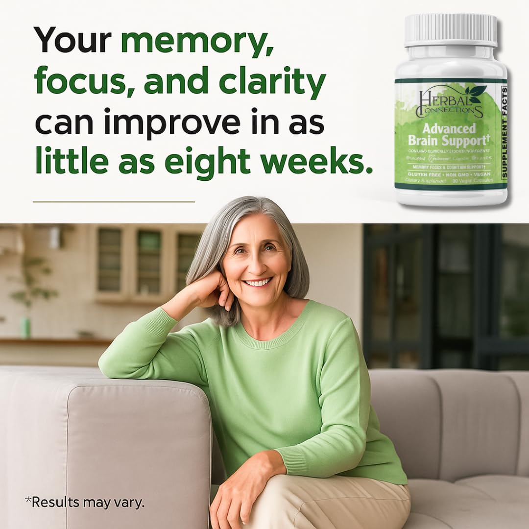 Herbal Connections Advanced Brain Support – Cognitive Function & Memory Booster for Adults Brain Health Supplement with Bacopa Monnieri, Ginkgo & B-Vitamins Non-GMO Gluten-Free Capsules, 30