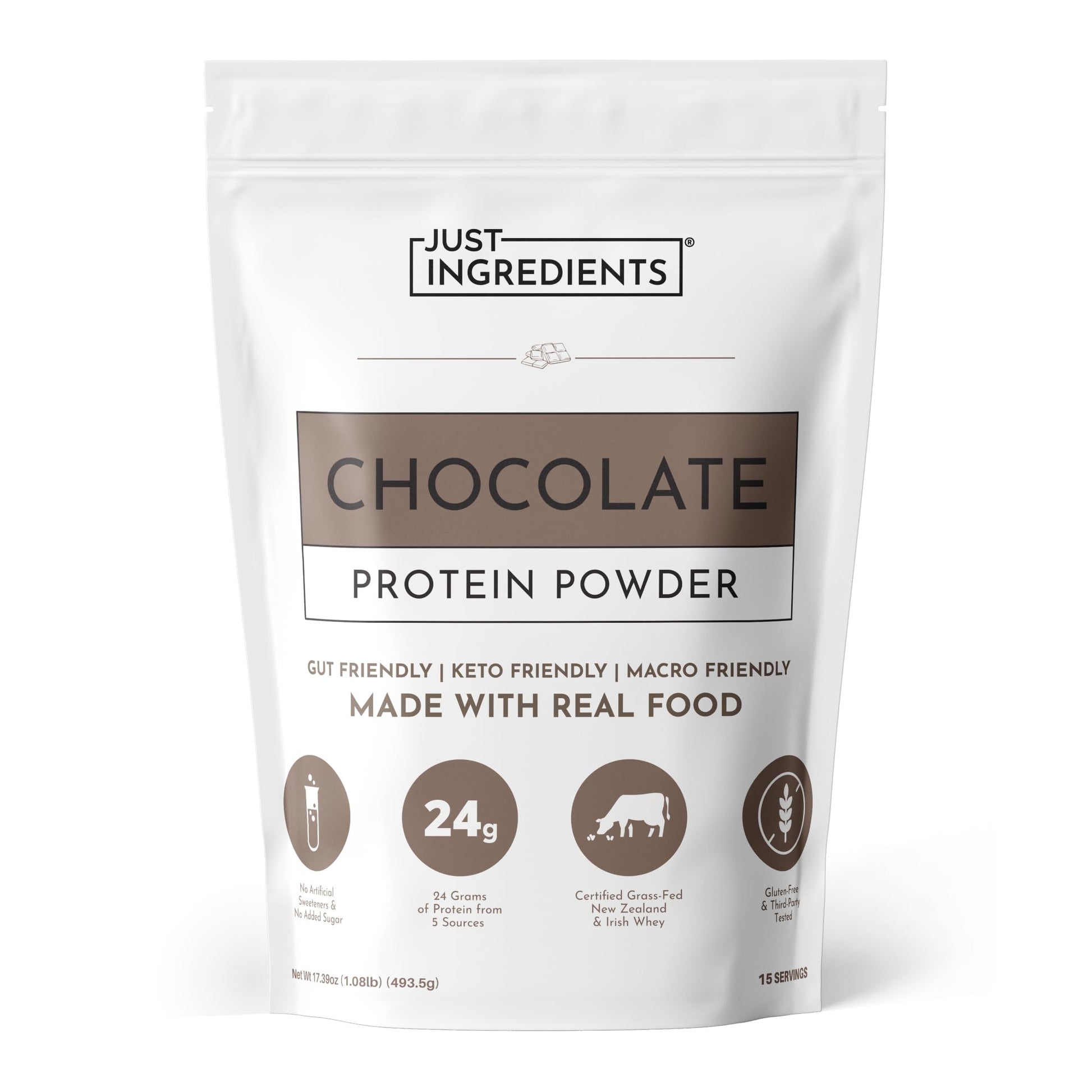 JUST INGREDIENTS Protein Powder Chocolate, Grass-Fed Whey, Organic Whole Food Blend, Gluten-Free, Keto-Friendly, 15 Servings