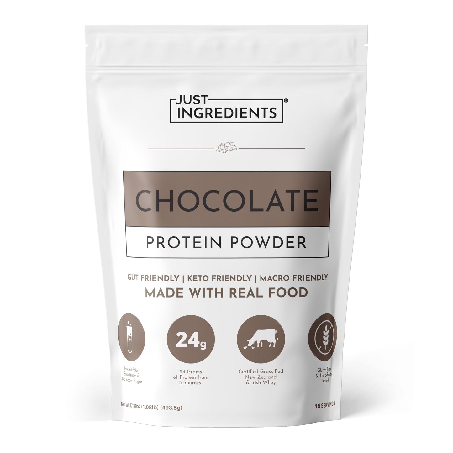JUST INGREDIENTS Chocolate Protein - Grass-Fed Whey Powder, 15 Servings