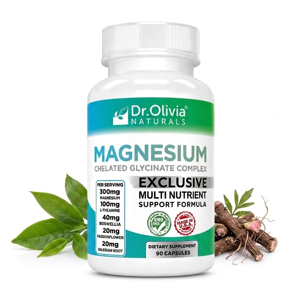 Dr. Olivia Naturals Magnesium Glycinate Complex Capsule with L-Theanine, Passionflower & Valerian Root for Sleep Support, Nerve & Muscle Health, High Absorption, 1 Capsule