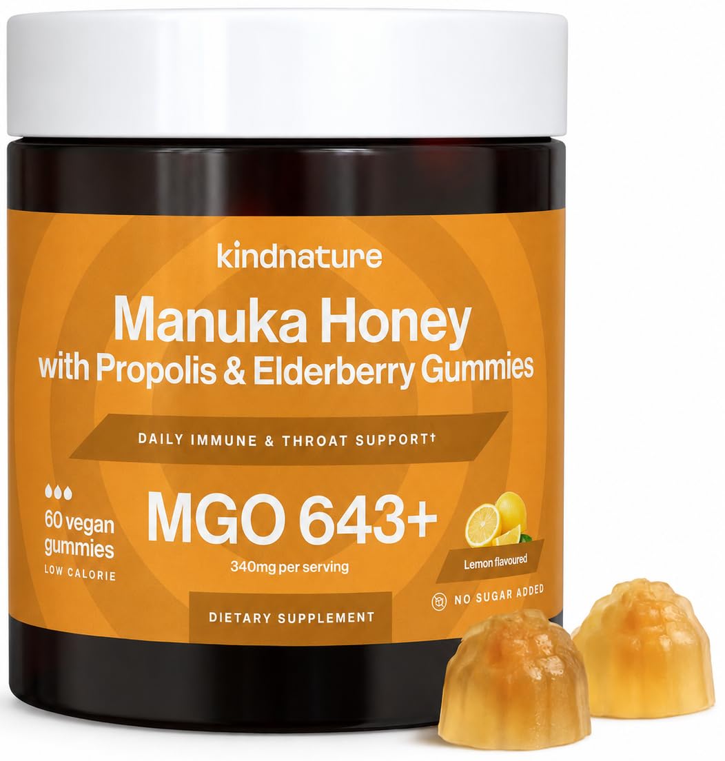 Kindnature Manuka Honey Medical Grade Gummies MGO 643+ with Zinc, Vitamin C, Elderberry - Throat Comfort & Immune Support - 60 Gummies