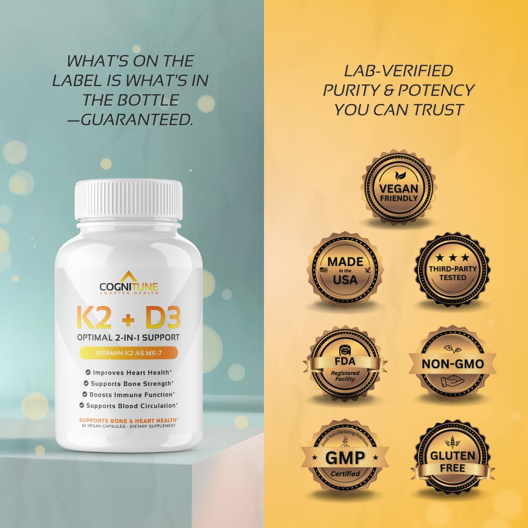 CogniTune Vitamin K2 (MK7) with D3 Supplement Capsules 60 Count
