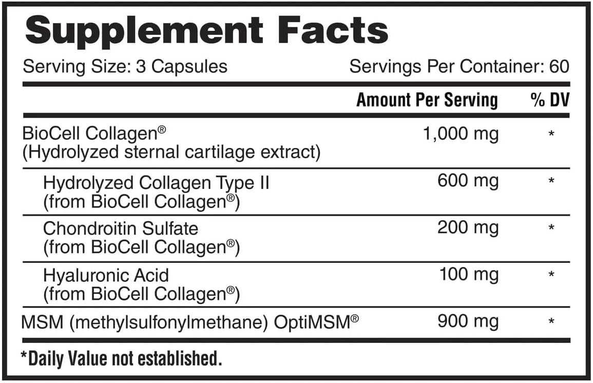 Generic Hyaluronic Acid with Bio Cell Collagen, Hydrolyzed Collagen Type II, Hyaluronic Acid and Chondroitin Sulfate Capsules, 180 Count