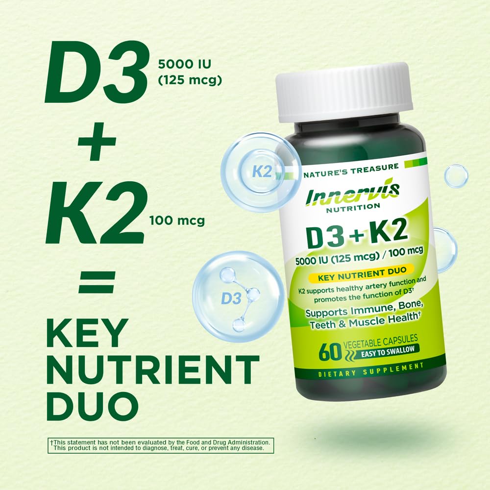 INNERVISNUTRITION Vitamin D3 5000 IU + K2 MK-7 100mcg, 60 Capsules