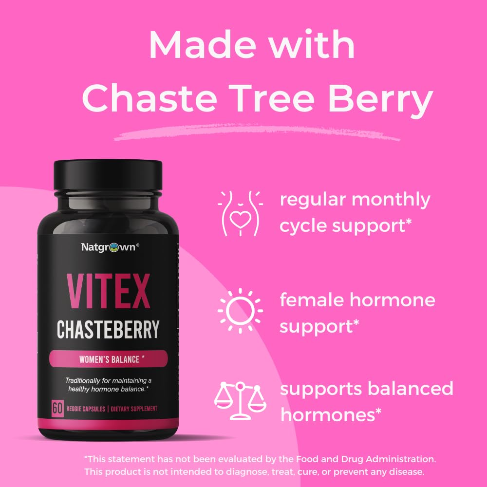 Natgrown Vitex Chasteberry Supplement Capsules 1000 mg Agnus Castus Chaste Tree Vitex Berry Fruit Extract, 60 Count