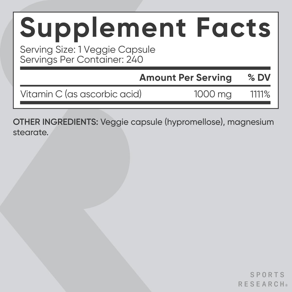 Sports Research High Potency Vitamin C 1000mg Veggie Capsules, 240 Count