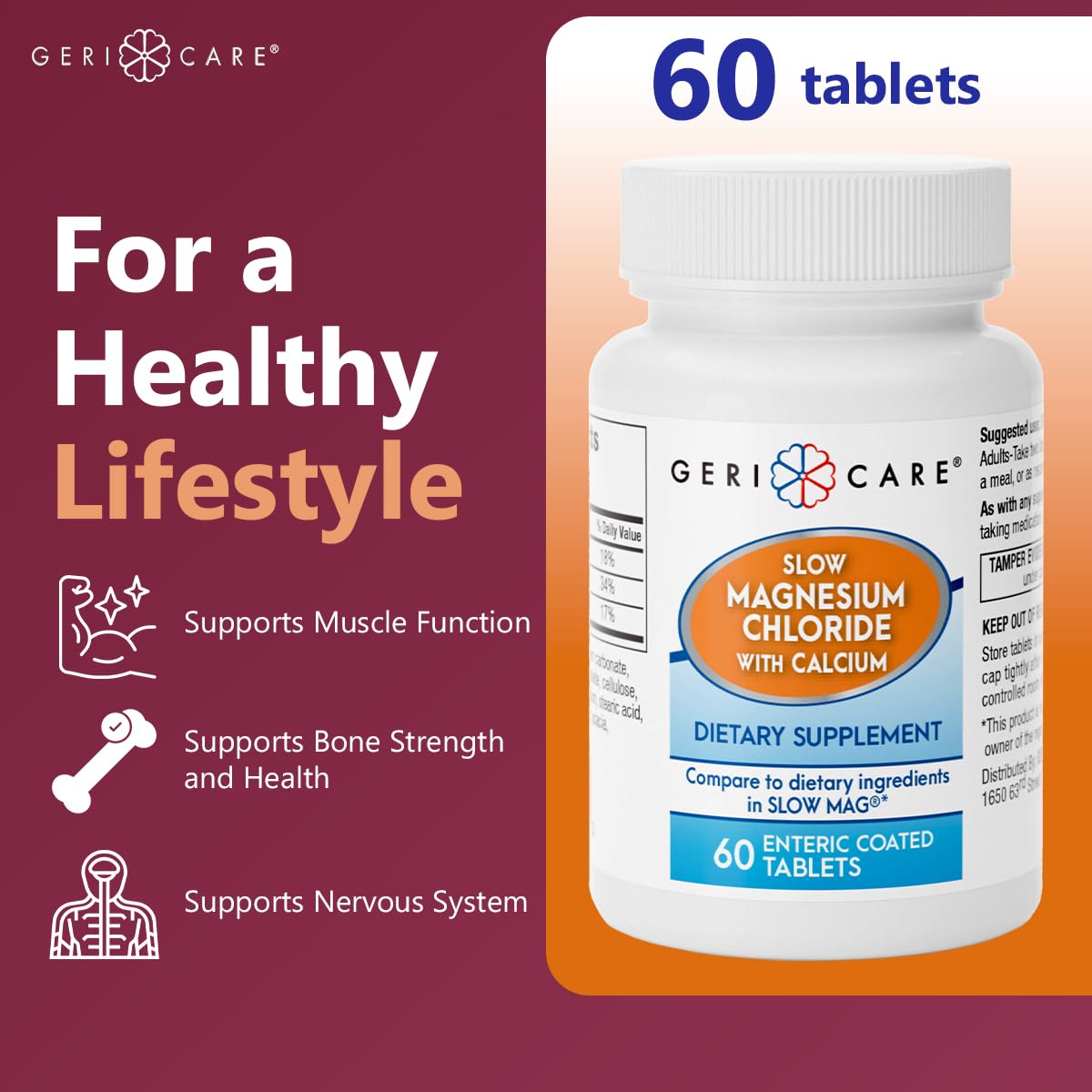 GeriCare Slow Magnesium Chloride Calcium Slow-Release Enteric Coated Tablets, 120 Tablets