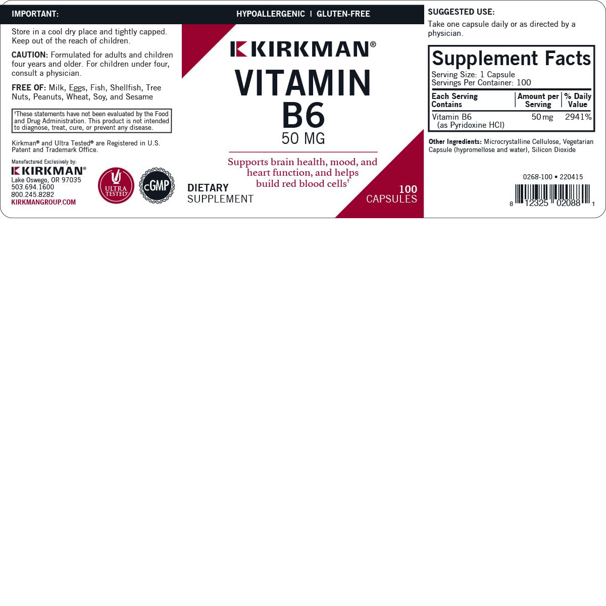 Kirkman Vitamin B-6 50 mg Capsules, 100 Count