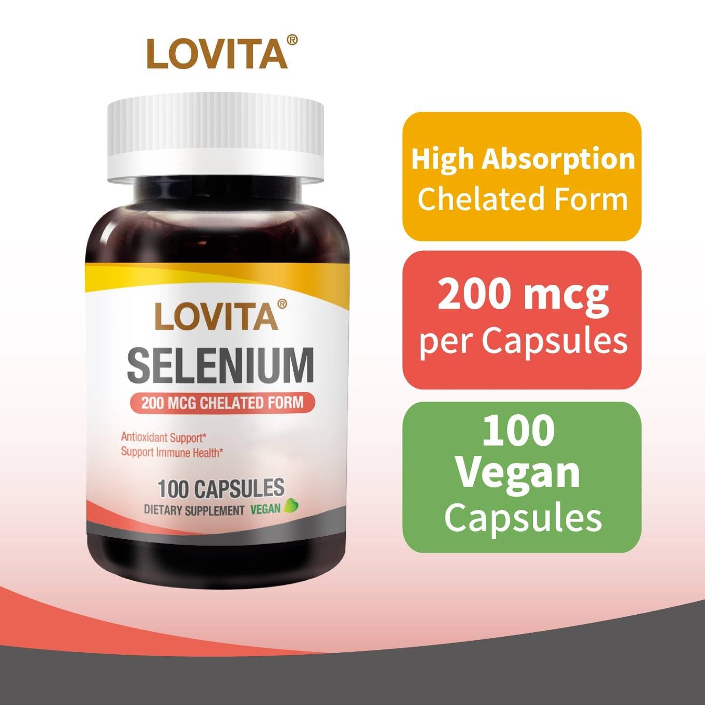 LOVITA Selenium 200 mcg Glycinate Chelated Form for High Absorption, 100 Capsules