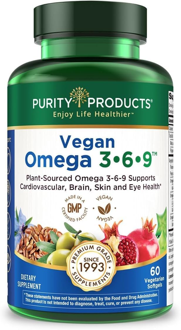 Purity Products Omega 3-6-9 Vegan and Vegetarian Formula - 5 in 1 Essential Fatty Acid Complex - Plant-Based Omega 3 6 9, Softgels, 60 Count