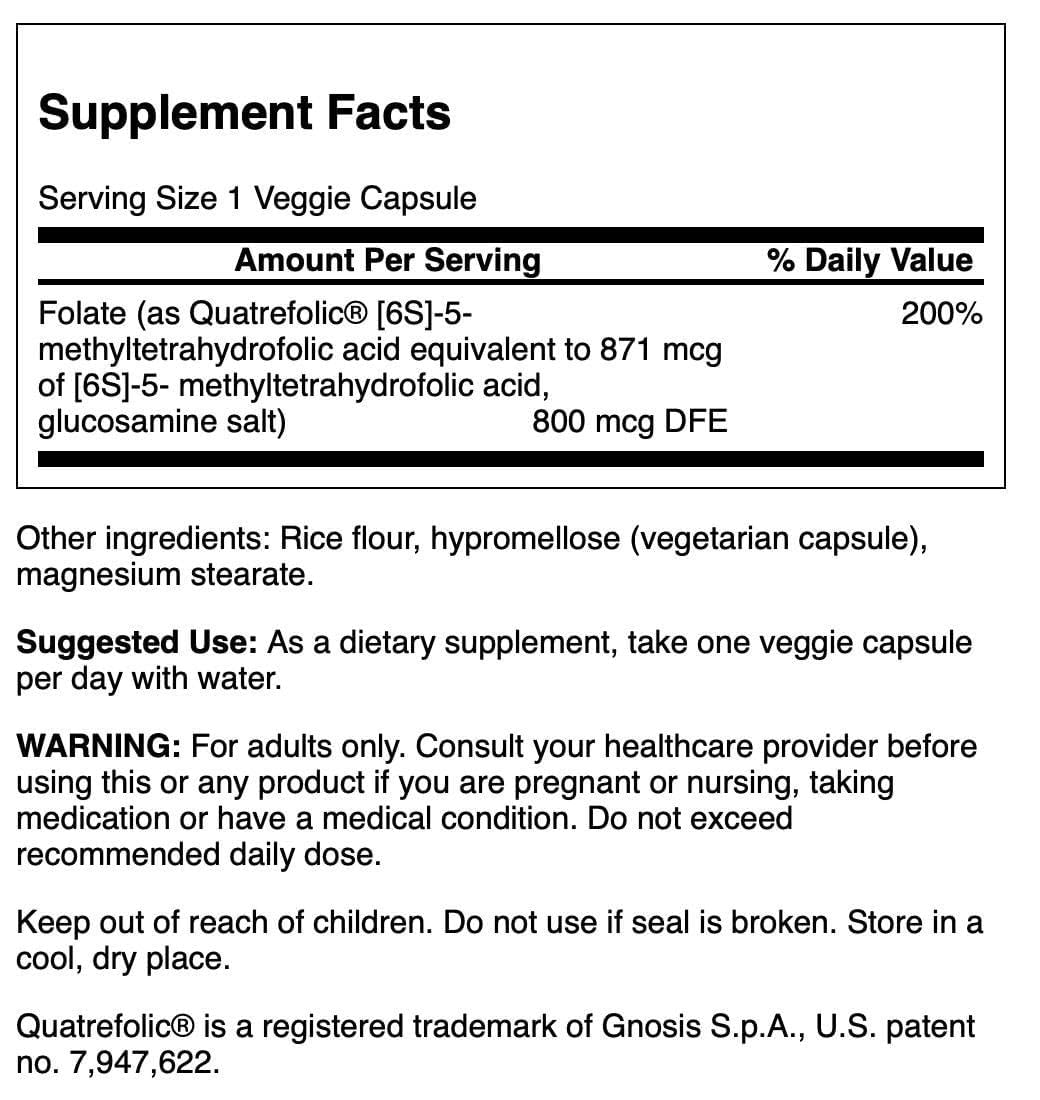 Swanson Folate (5-Methyltetrahydrofolic Acid) 800 mcg Capsules, 30 Count