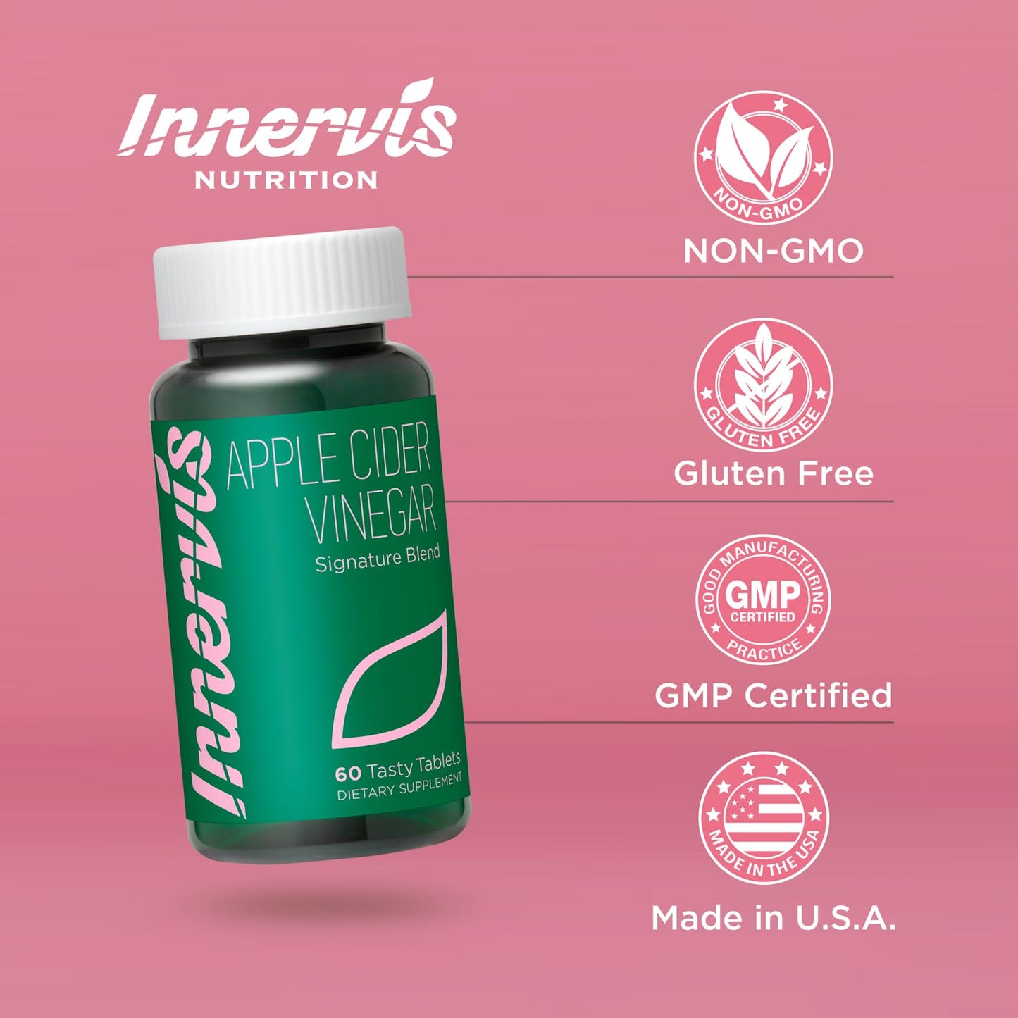 INNERVISNUTRITION Apple Cider Vinegar 1000mg with B & C Vitamins Chewable, 60 Tablets