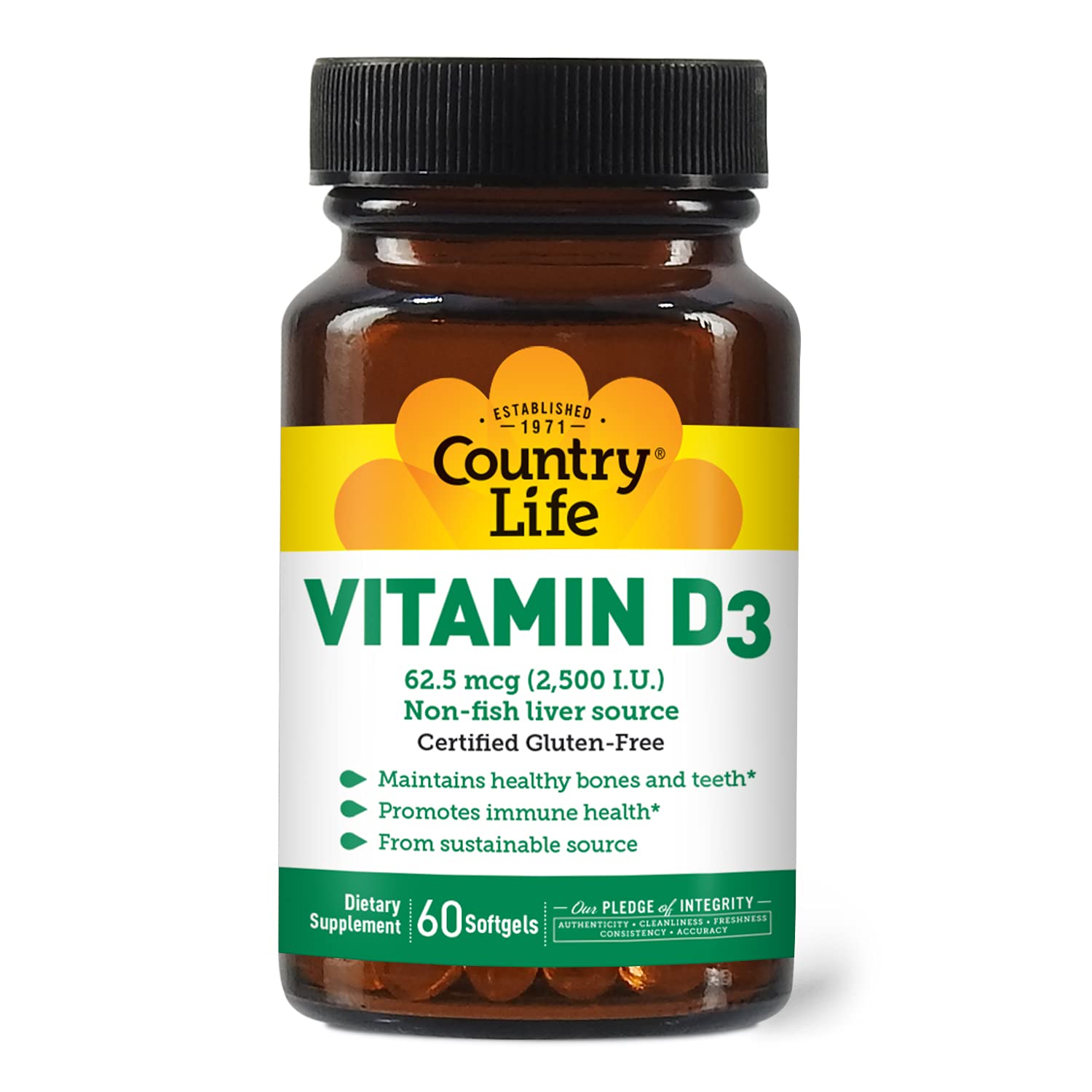 Country Life Vitamin D3 2500 IU Gluten-Free Softgels, 60 Count
