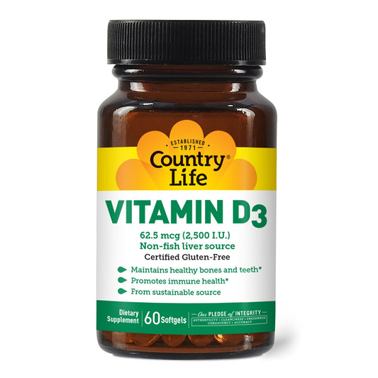 Country Life Vitamin D3 2500 IU Gluten-Free Softgels, 60 Count