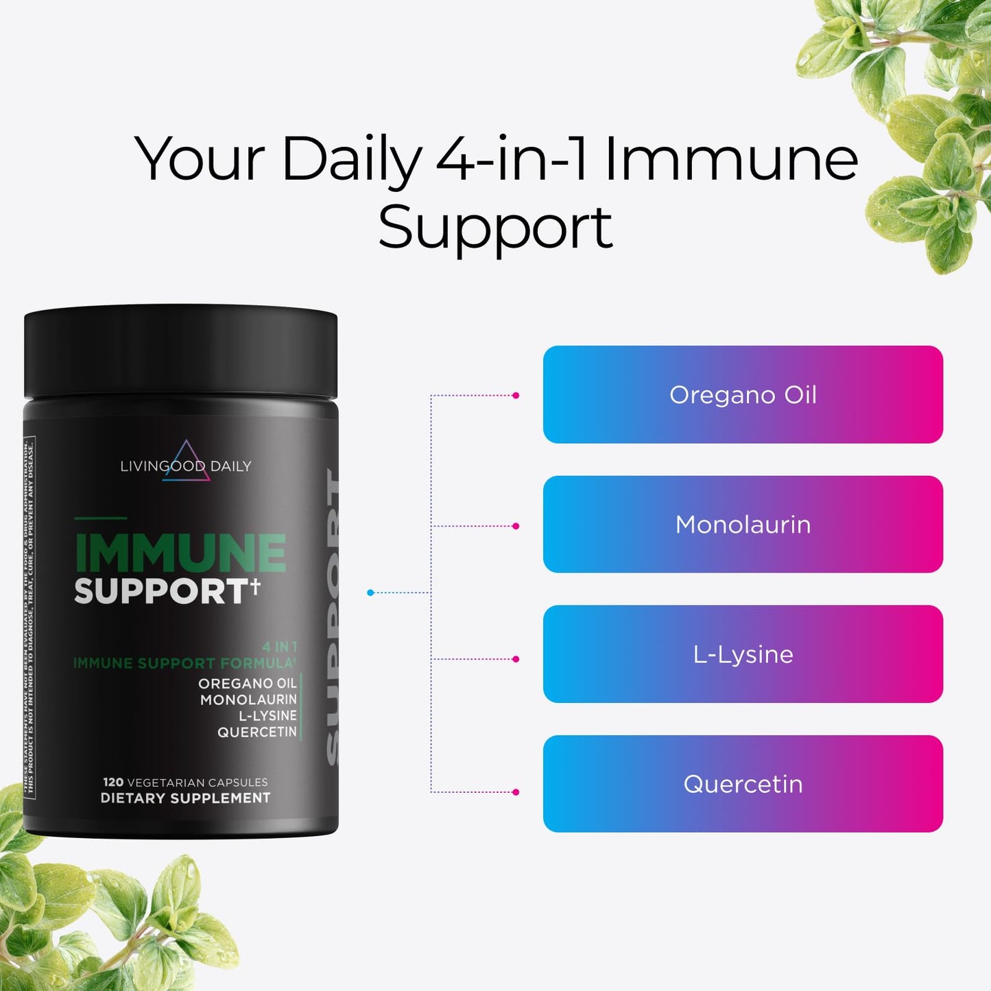 Livingood Daily Immune Support Supplement, 4-in-1 Formula with Oregano Oil, Monolaurin, L Lysine & Quercetin, Gut & Digestive Health, 120 Capsules