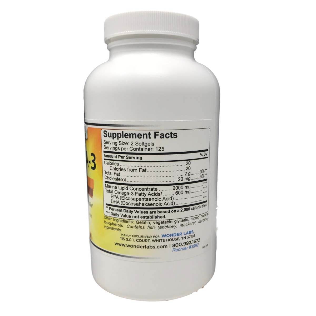 Wonder Laboratories Omega-3 Marine Lipid Concentrate A Natural Source of Omega-3 Fatty Acids, Supports Heart Health and Circulation Softgels 250
