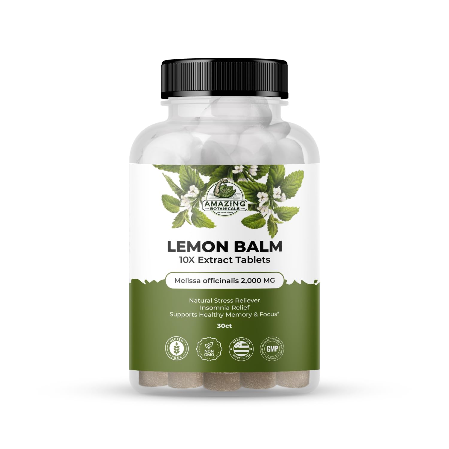 Amazing Botanicals Lemon Balm 10X Extract Tablets 200 mg per Serving Melissa Officinalis, Supports Calm and Relaxation, 30 Tablets