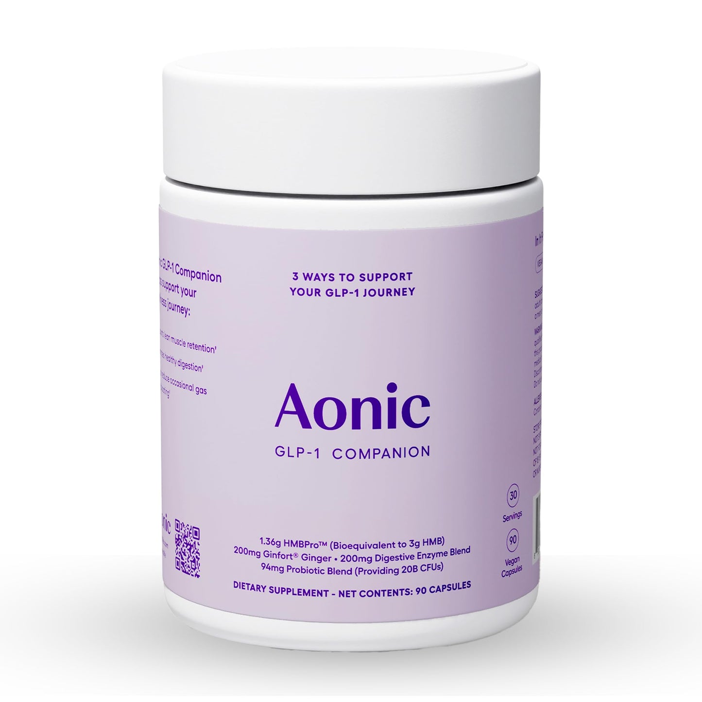 AONIC GLP-1 Companion Supplement HMBPro™ to Support Maintenance of Lean Muscle, Probiotic and Enzyme Blend to Support Digestion, Ginger Extract to Help Reduce Nausea and Bloating, 90 CAPSULES