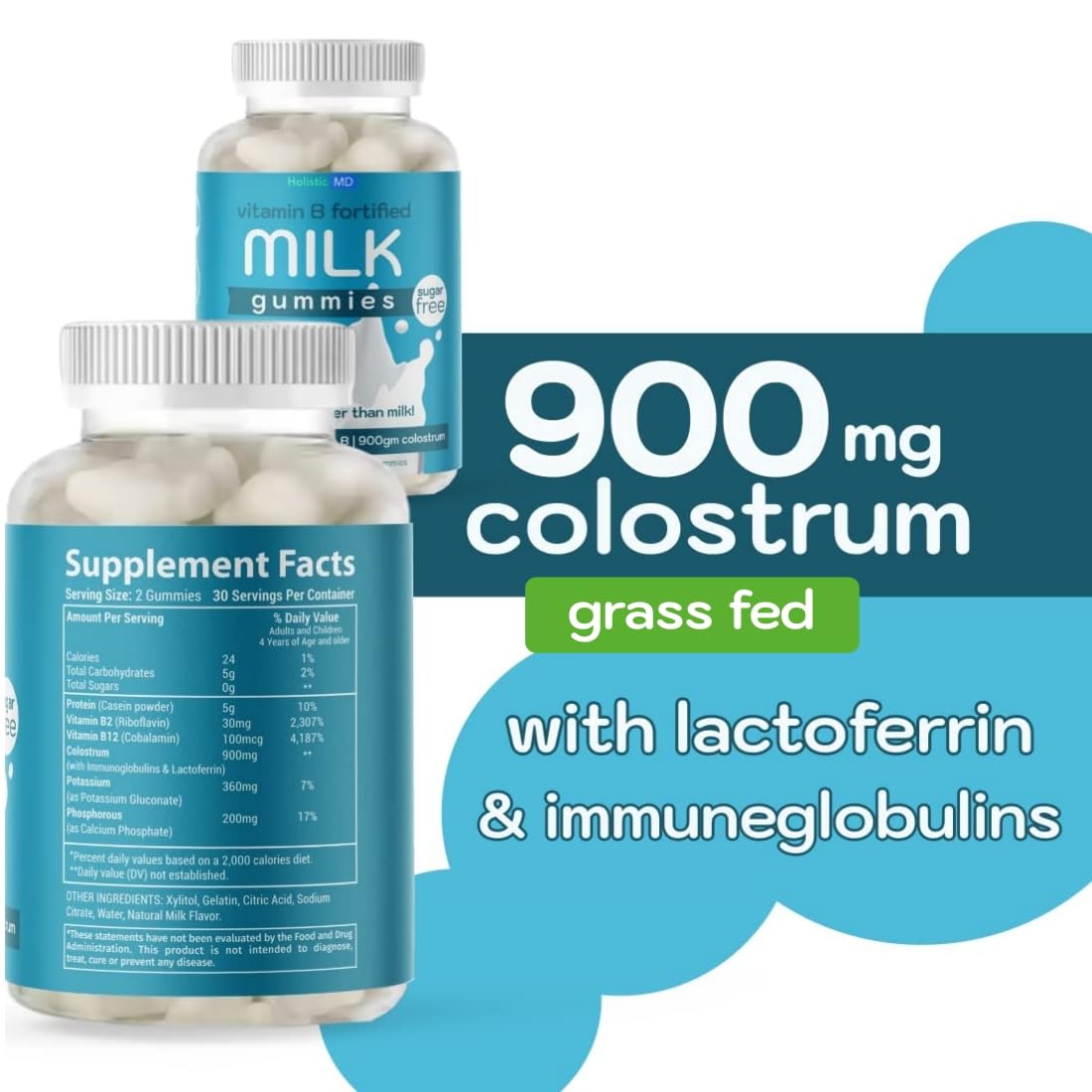 Holistic MD Colostrum Gummies with Vitamin B Complex Milk Protein, Sugar Free, 60 Count