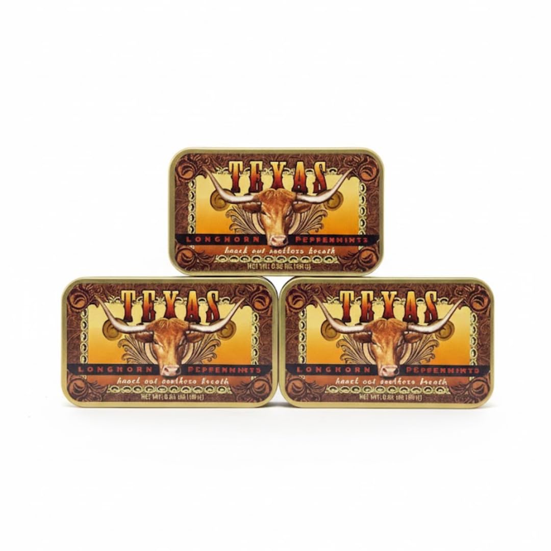 Generic Texas Longhorn Collectible Metal Tins 3 Pack Sugar Free Mouthwatering Mints for Dry Mouth Relief & Freshness – Oral Health Support with Sparkle Effect – Pocket Travel Saliva Substitute, Lozenges Alternative Gummy 1.68