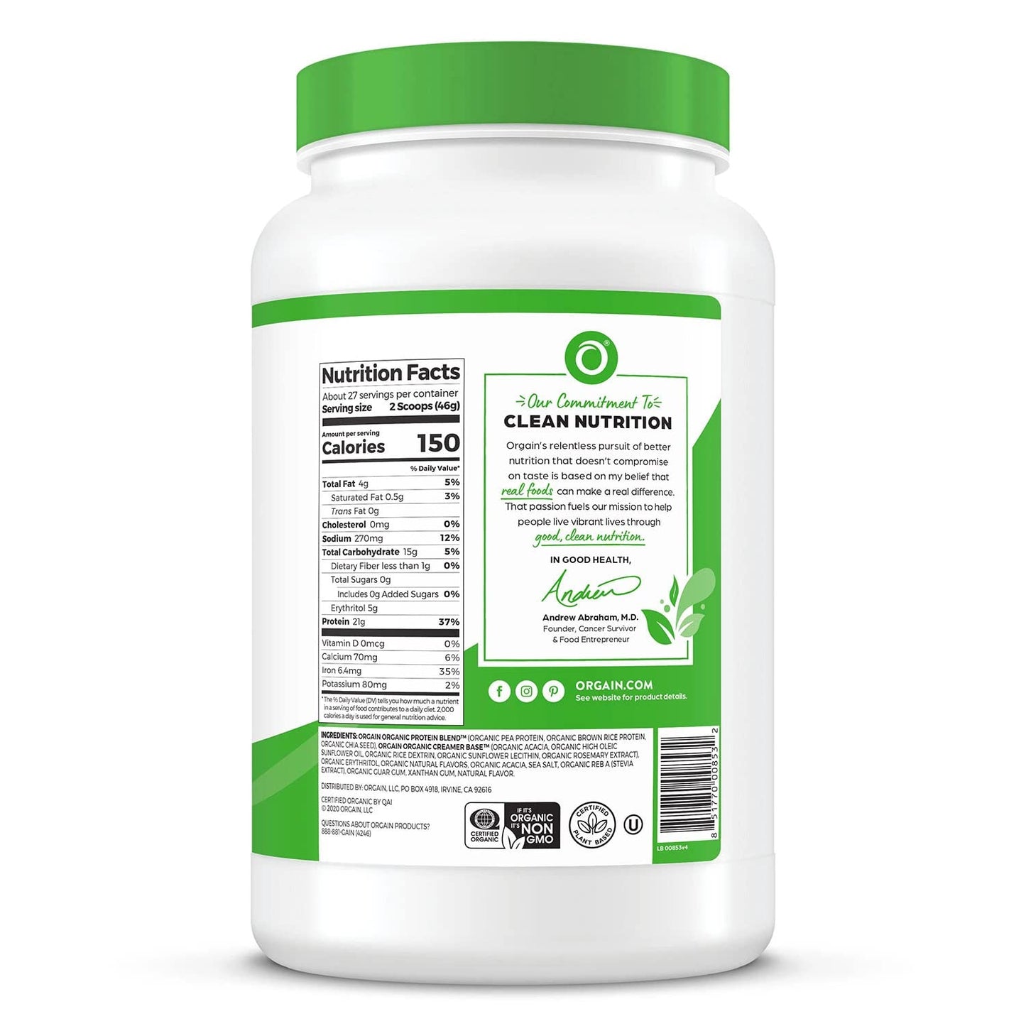 Orgain Organic Plant Based Protein Powder Vanilla Bean, 32 Servings