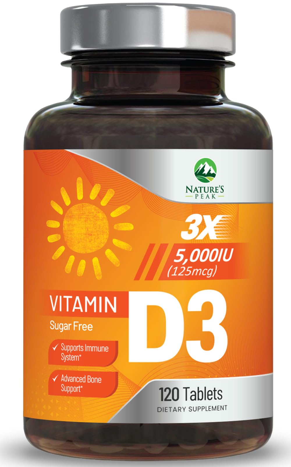 Nature's Peak Vitamin D3 5000iu (125 mcg) Per Serving - 3X Strength Immune Health Support Vitamin D Dietary Supplement for Bone, Teeth, Muscle - Vit D, Vegan, Gluten Free, Raspberry Flavor - 120 Chewable Tablets