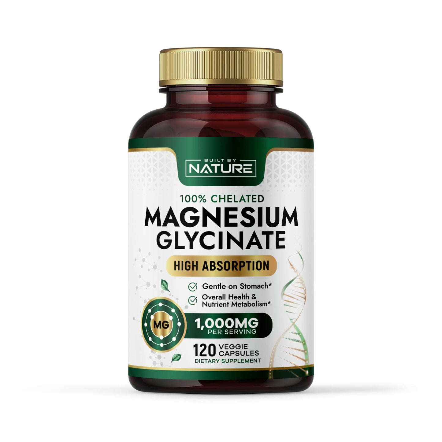 Built by Nature Magnesium Glycinate 1000mg High Absorption Magnesium Supplement – 100% Chelated, Gentle on Stomach – Muscle, Heart, Bone & Relaxation Support, Non-GMO, Vegan, 120 Capsules