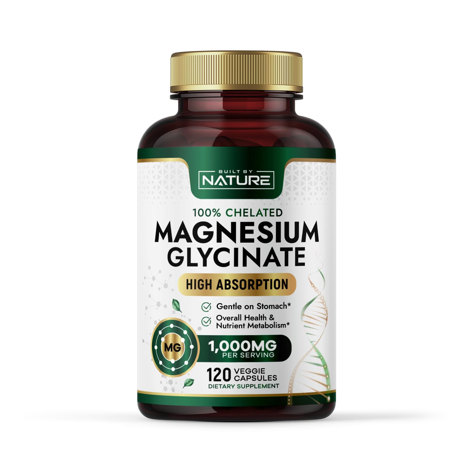 Built by Nature Magnesium Glycinate 1000mg High Absorption Magnesium Supplement – 100% Chelated, Gentle on Stomach – Muscle, Heart, Bone & Relaxation Support, Non-GMO, Vegan, 120 Capsules