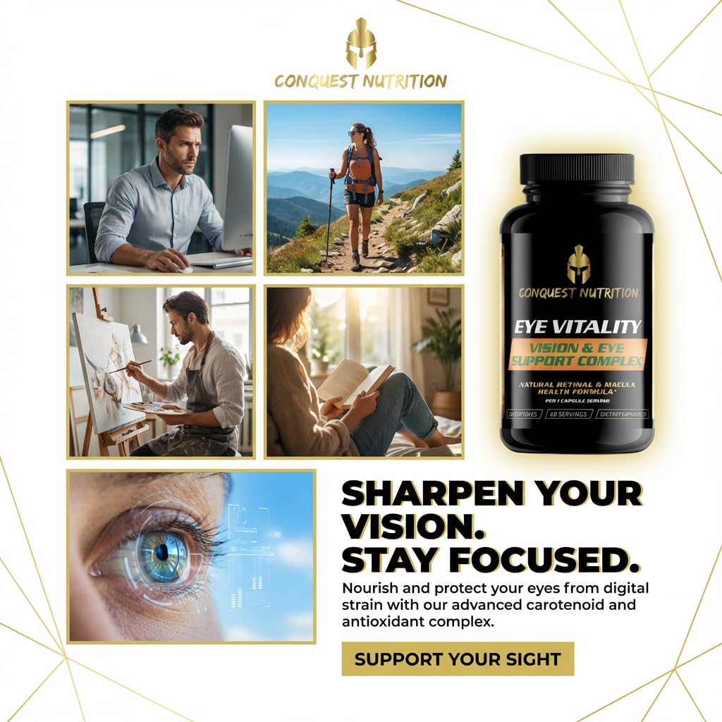 Conquest Nutrition Eye Vitality Vision & Eye Support, Enhance Eye Health, Bilberry, Lutein, Zeaxanthin Capsules, 60