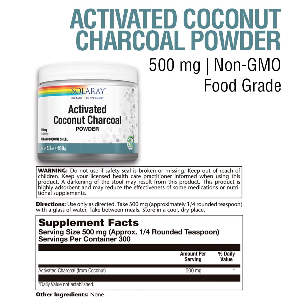 Solaray Activated Coconut Charcoal Powder 500 mg, 5.3 oz