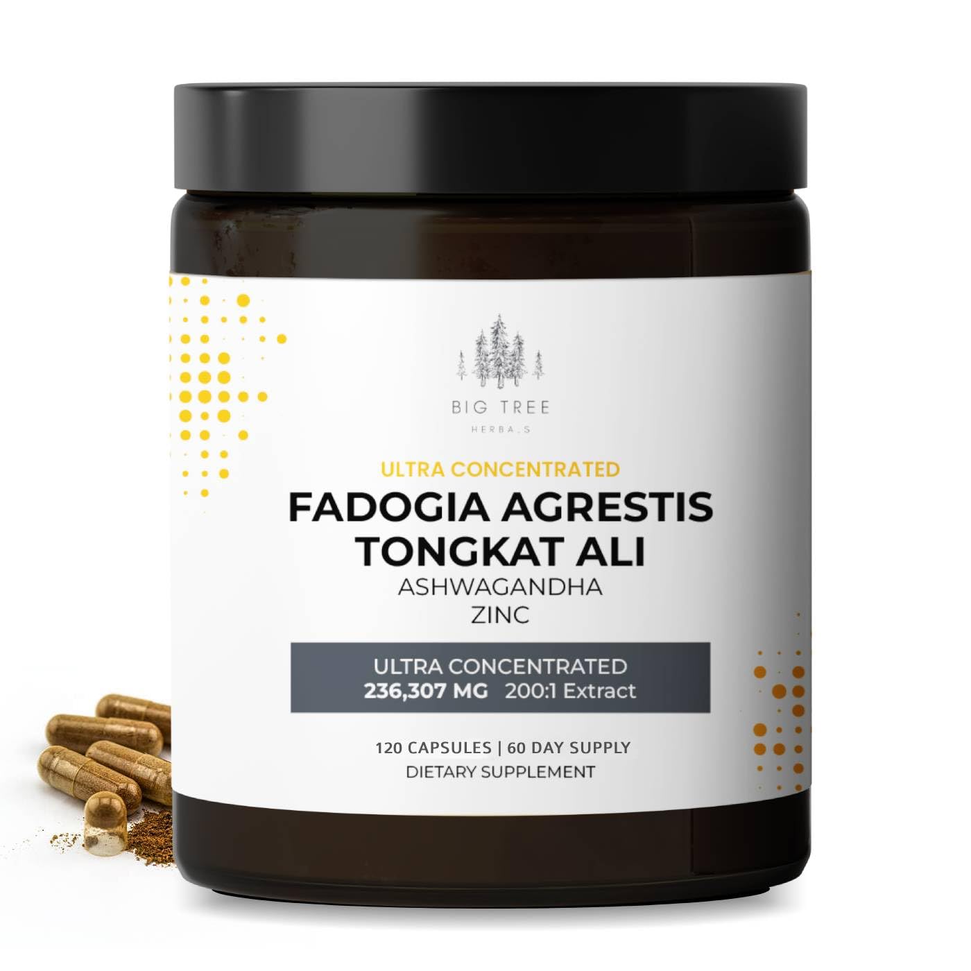 BIG TREE HERBALS Fadogia Agrestis with Tongkat Ali, Ashwagandha, and Zinc Capsules, 120 Count