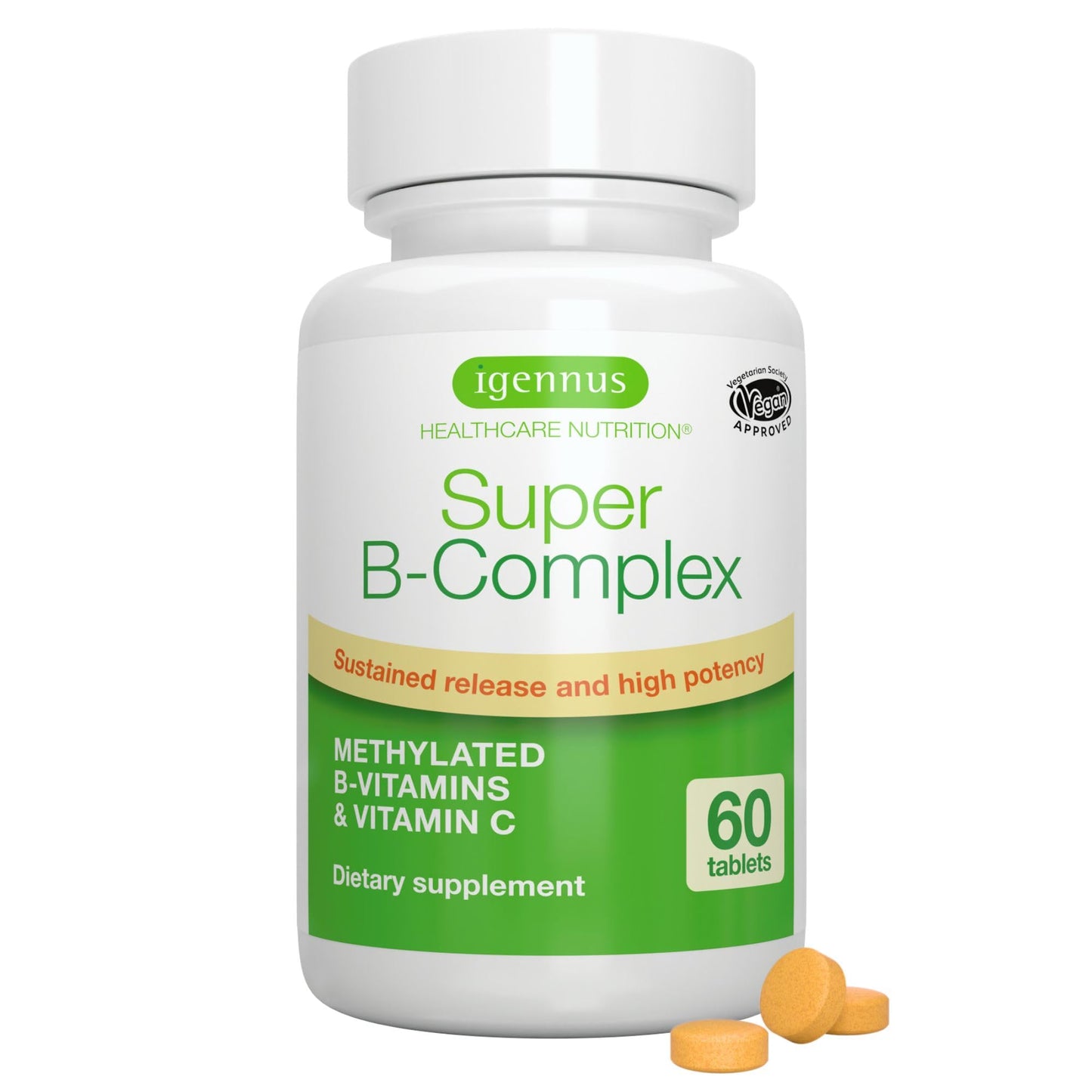 Igennus Healthcare Nutrition Super B-Complex Methylated B Vitamins - Sustained Release, Clean Label & High Absorption, with 5-MTHF Folate & Methyl B12, Energy, Mood & Cognitive Performance, Lab Verified, 60 Tablets