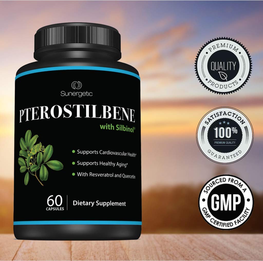 Sunergetic Pterostilbene Supplement with Resveratrol & Quercetin Capsules, 60 Count