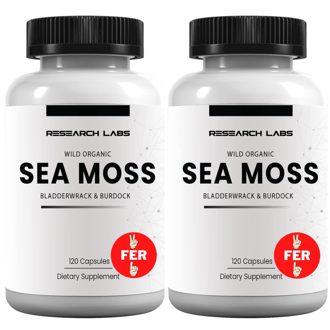 Research Labs 2 Fer 1 Ad Organic Irish Sea Moss Capsules, 240 Capsules, Thyroid Support, Raw Wildcrafted Seamoss with Bladderwrack & Burdock Root