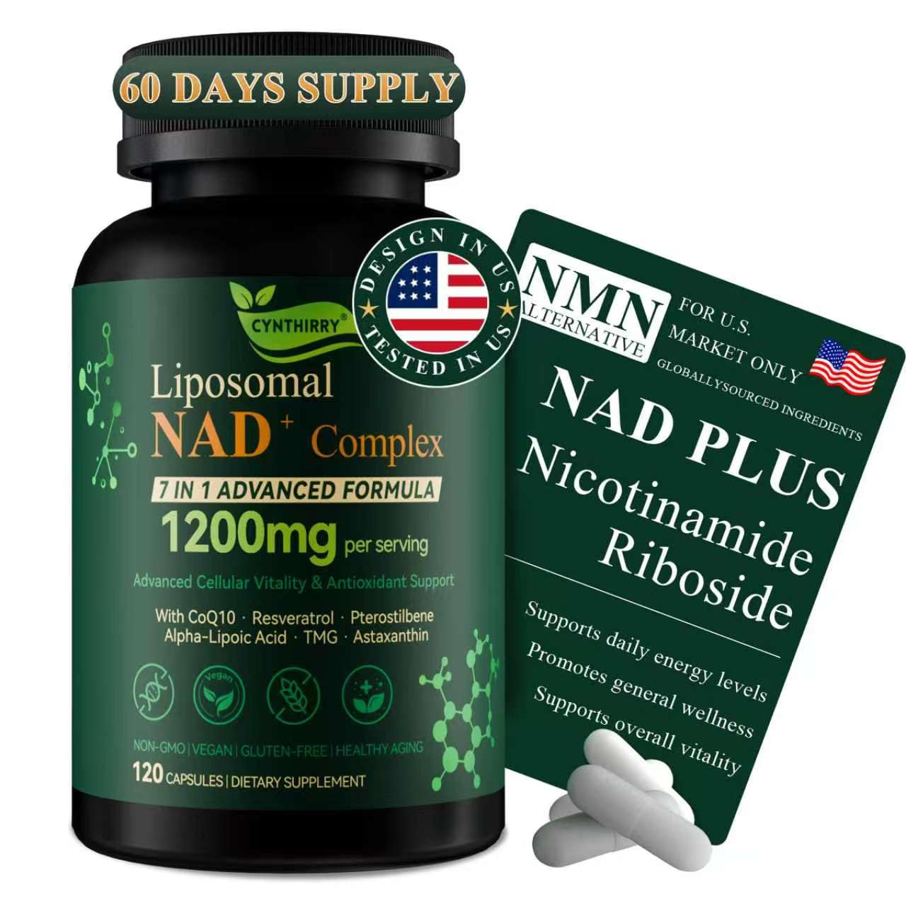 Cynthirry Liposomal NAD+ Supplement 1200mg 7-in-1 NR NMN Replacement with Resveratrol CoQ10 Capsule 120 Count